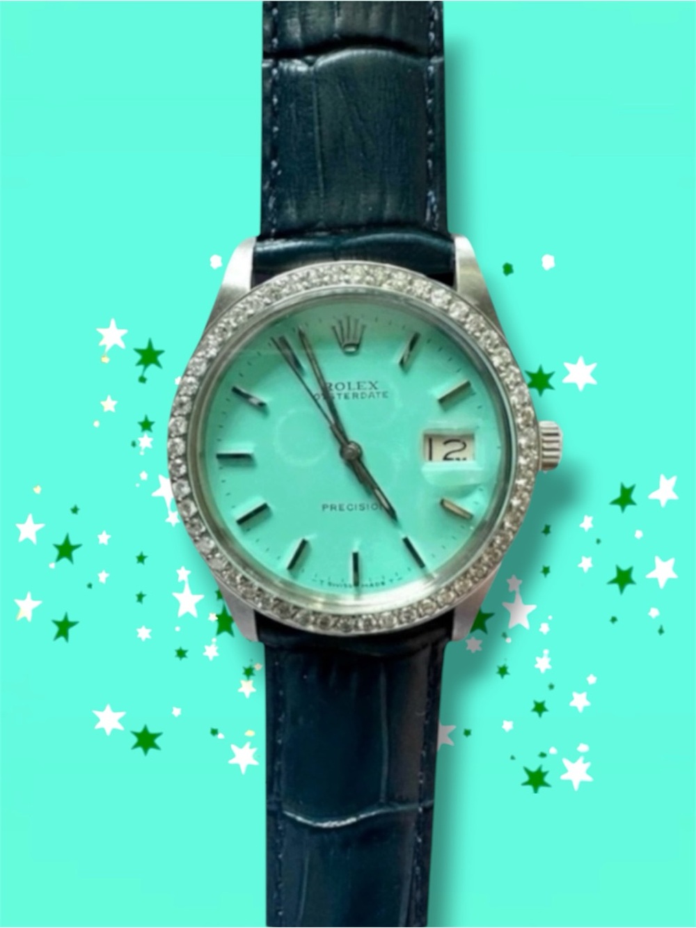 💞VINTAGE ROLEX OYSTERDATE Custom Tiffany Blue Dial & Diamond Bezel. 34mm. UNISEX